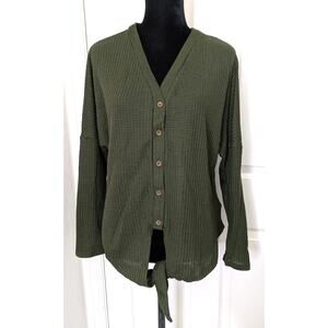 Women's Waffle Knit Button Up Tie Front Olive Green Med Sweater Resort Cruise